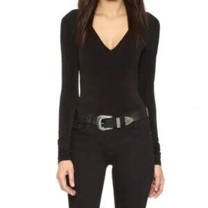 Alice and Olivia Classics Deep V-Neck Long Sleeve Bodysuit L Black Stretchy Top